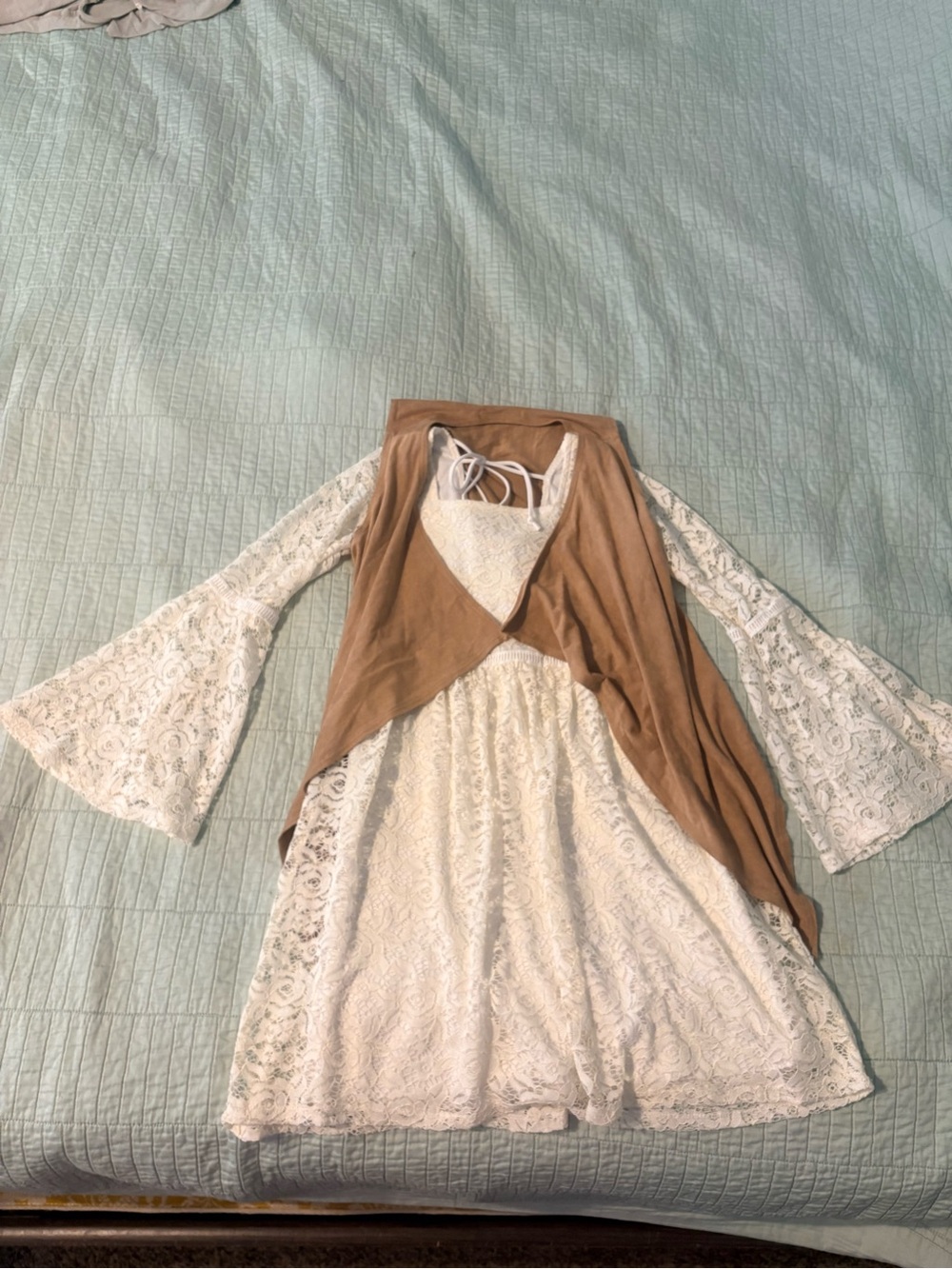 Crystal Doll Cream Lace Dress with Tan Overlay Vest
